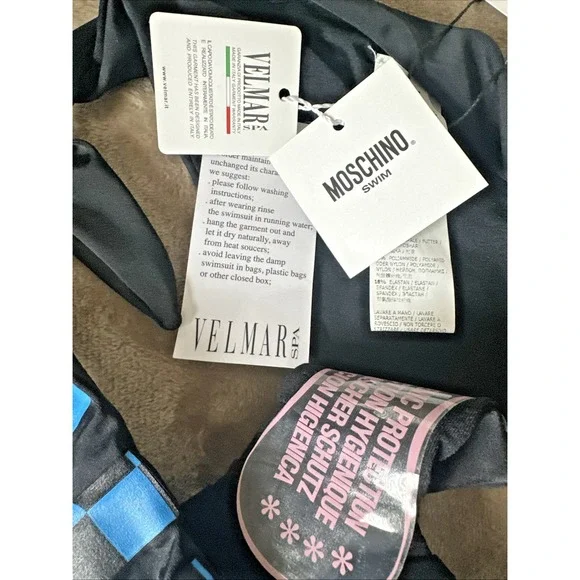 Moschino Swim Women Size 2/Medium Blue Checkered Bikini Bottom Designer Side Tie - Picture 7 of 10